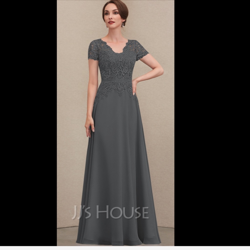 JJs House Slate Gray Lace A-Line Evening Gown